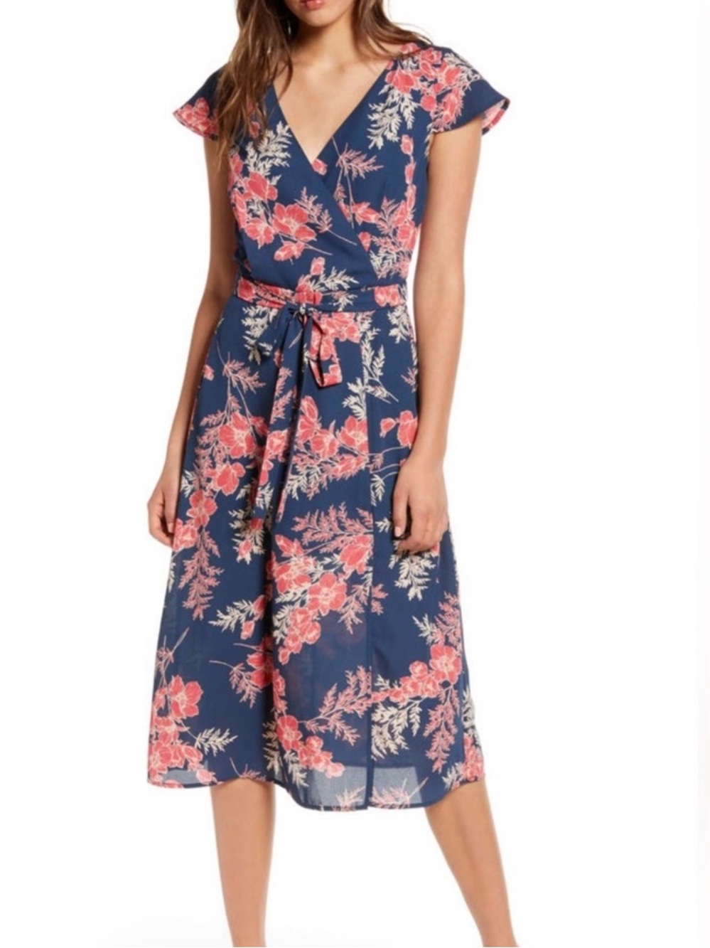 Row A Floral Faux Wrap Midi Dress Blue Pink Surplice Belted XL